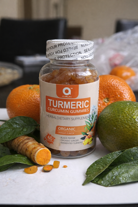 A-RUN Organic Turmeric Curcumin Gummies, Orange Flavor with Black Pepper, Ginger, Fermented Turmeric, Herbal Dietary Supplement, 60 Count